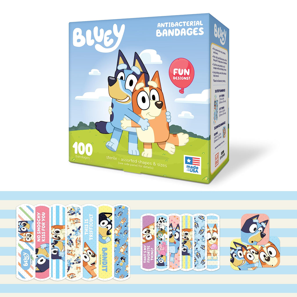 Bluey Kids Bandages, 3 Assorted Sizes 100 CT | Wear Like Stickers, Flexible Adhesive Bandages for Minor Cuts, Scrapes, and Burns