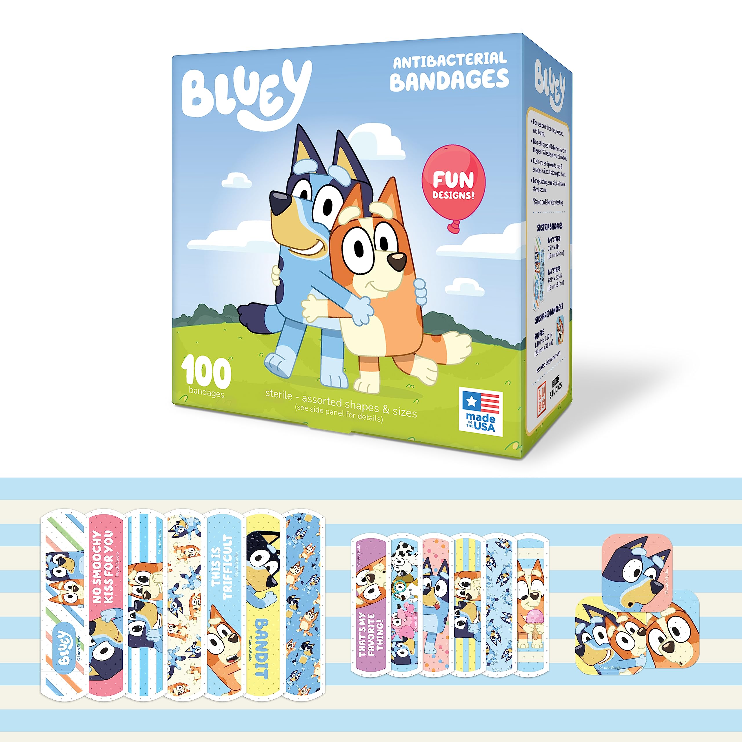 Bluey Kids Bandages, 3 Assorted Sizes 100 CT | Wear Like Stickers, Flexible Adhesive Bandages for Minor Cuts, Scrapes, and Burns