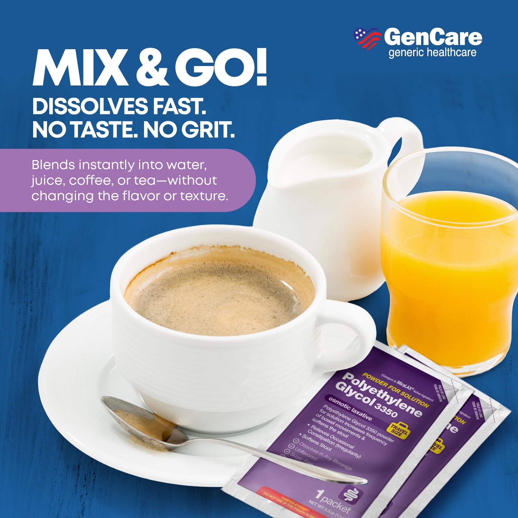 GenCare Polylethylene Glycol 3350 Powder for Solution - 100 Travel Packets - Unflavored Grit-Free Clear PEG 3350 for Occasional
