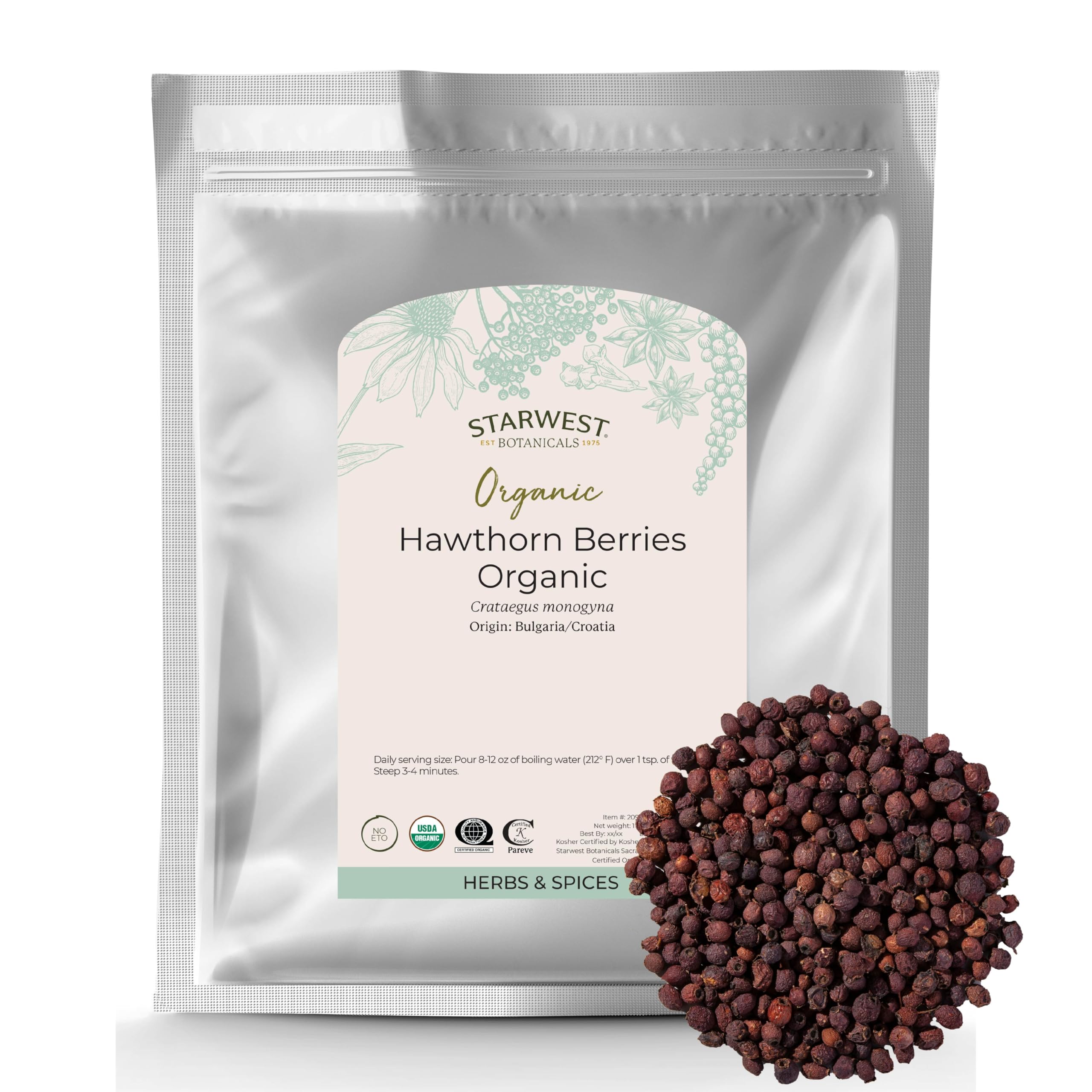 Starwest Botanicals Organic Hawthorn Berries Whole, 1 Pound