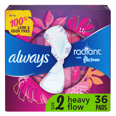 Always Radiant Feminine Pads for Women, Size 2 Heavy, with Wings, Scented, 36 CT