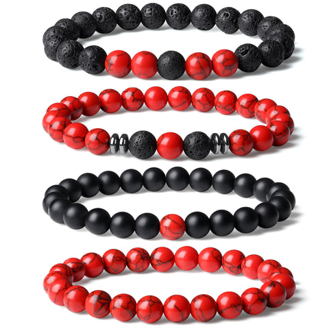 XIANNVXI Natural Stone Beads Bracelets for Men Red Black Beaded Bracelet for Men 4PC Mens Red Black 8mm Beaded Adjustable Stretc