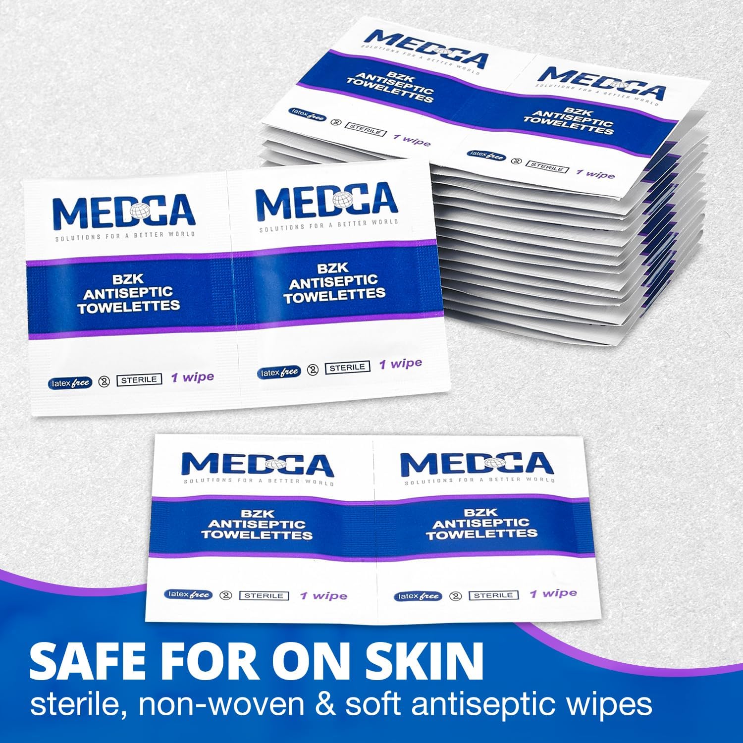 Benzalkonium Chloride Towelletes Hand Wipes - (Pack of 200) Chloride Swabs Individual BZK Single-Use Packets by MEDca 5x6