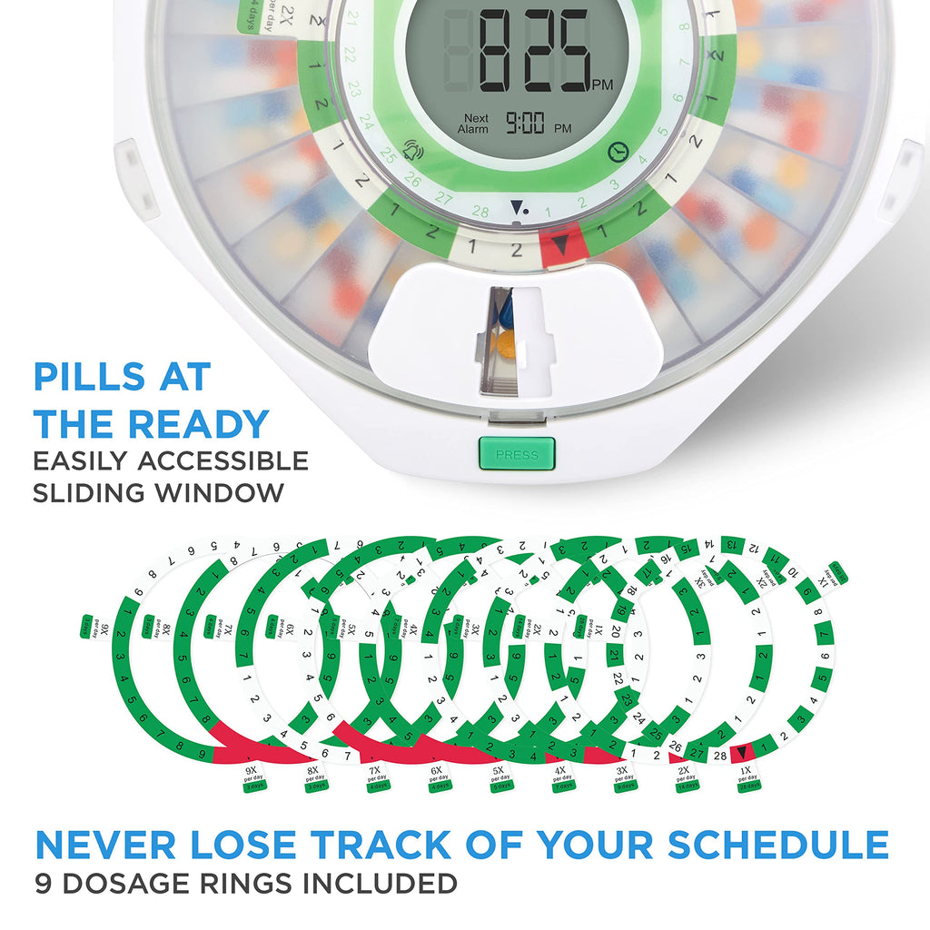 Live Fine 28-Day Automatic Pill Dispenser Frosted Lid with Upgraded LCD Display and Key Lock, Sound & Light for Prescriptions, M