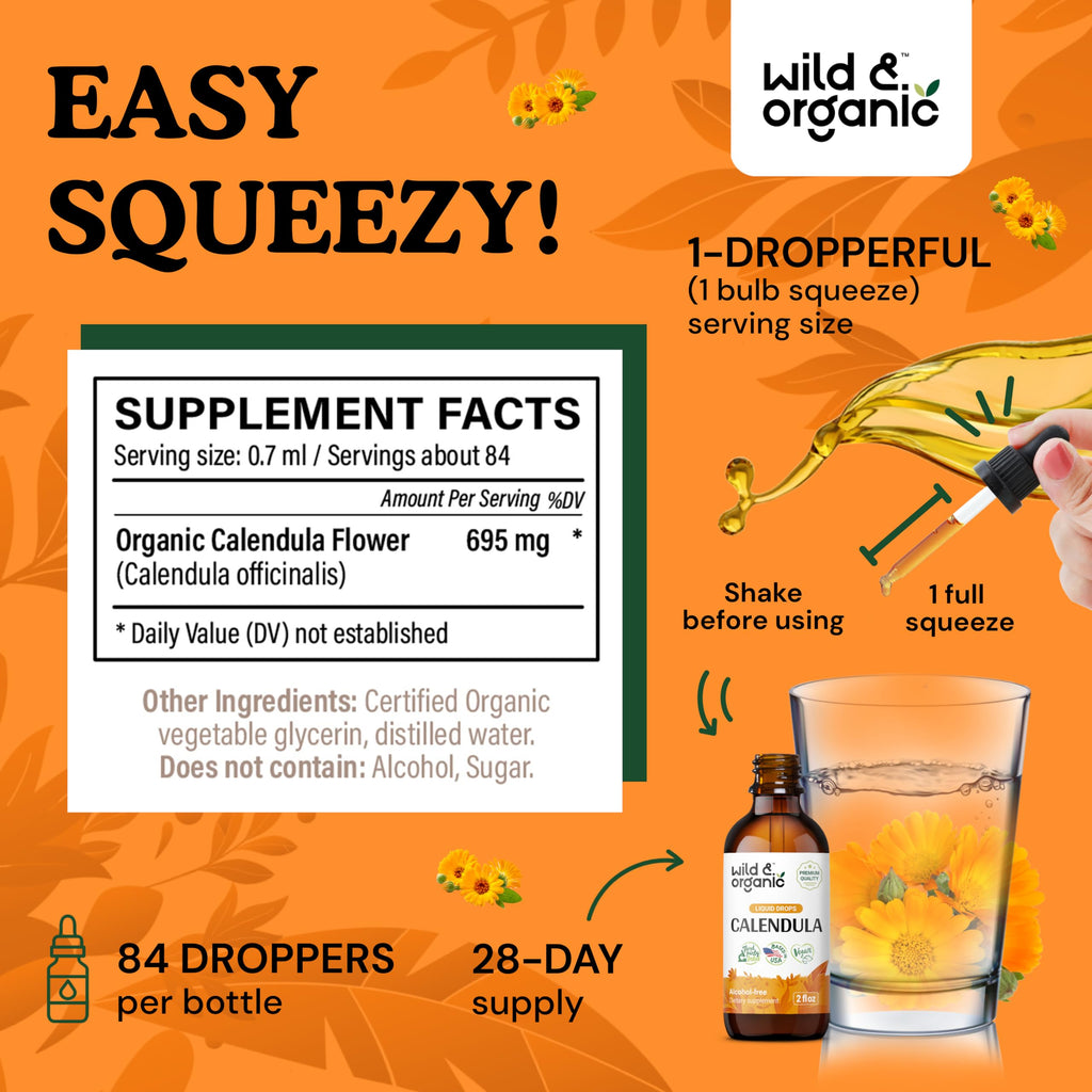 Wild & Organic Calendula Tincture - Alcohol-Free Calendula Extract Drops for Immune Support - Liquid Flowers Supplement - Vegan,
