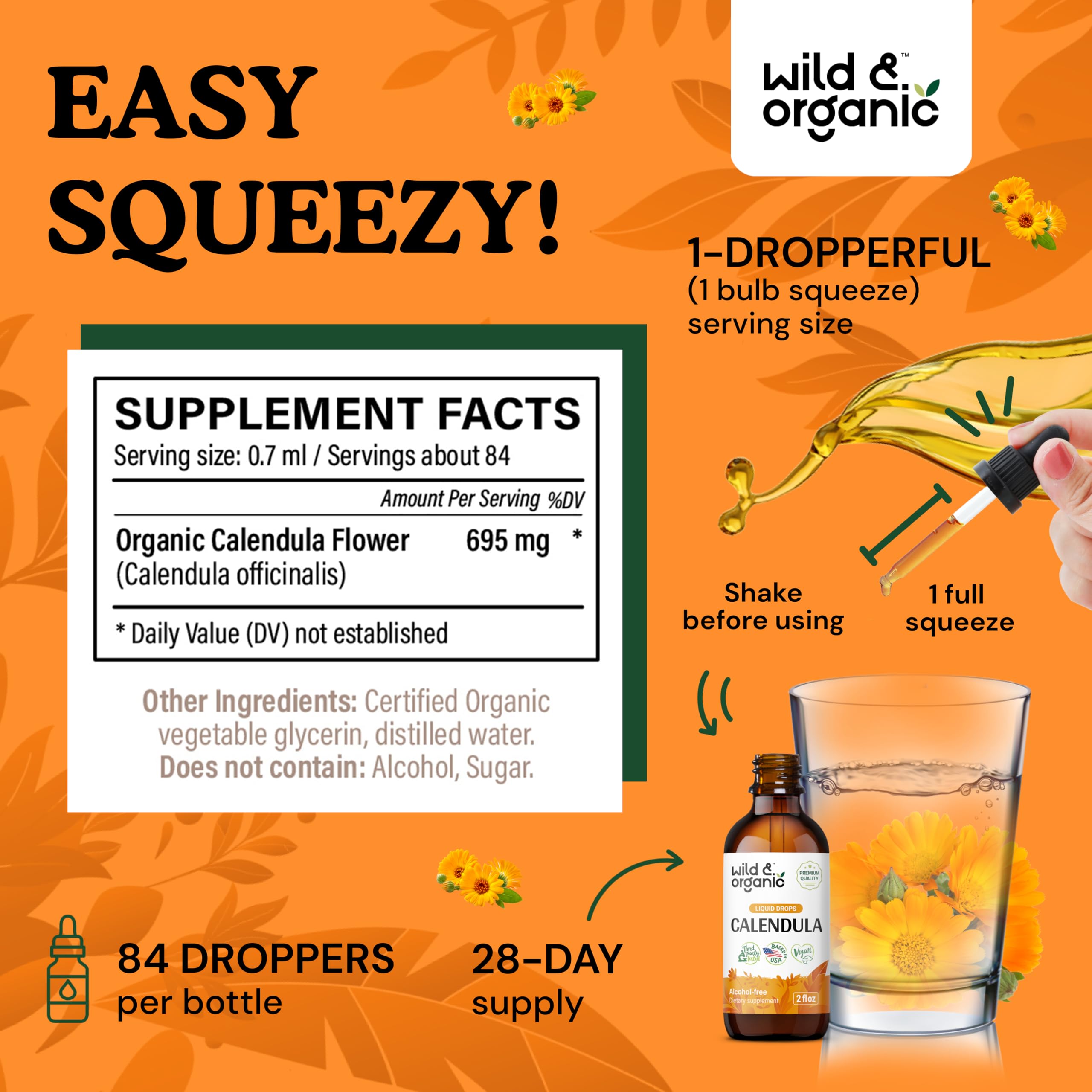 Wild & Organic Calendula Tincture - Alcohol-Free Calendula Extract Drops for Immune Support - Liquid Flowers Supplement - Vegan,