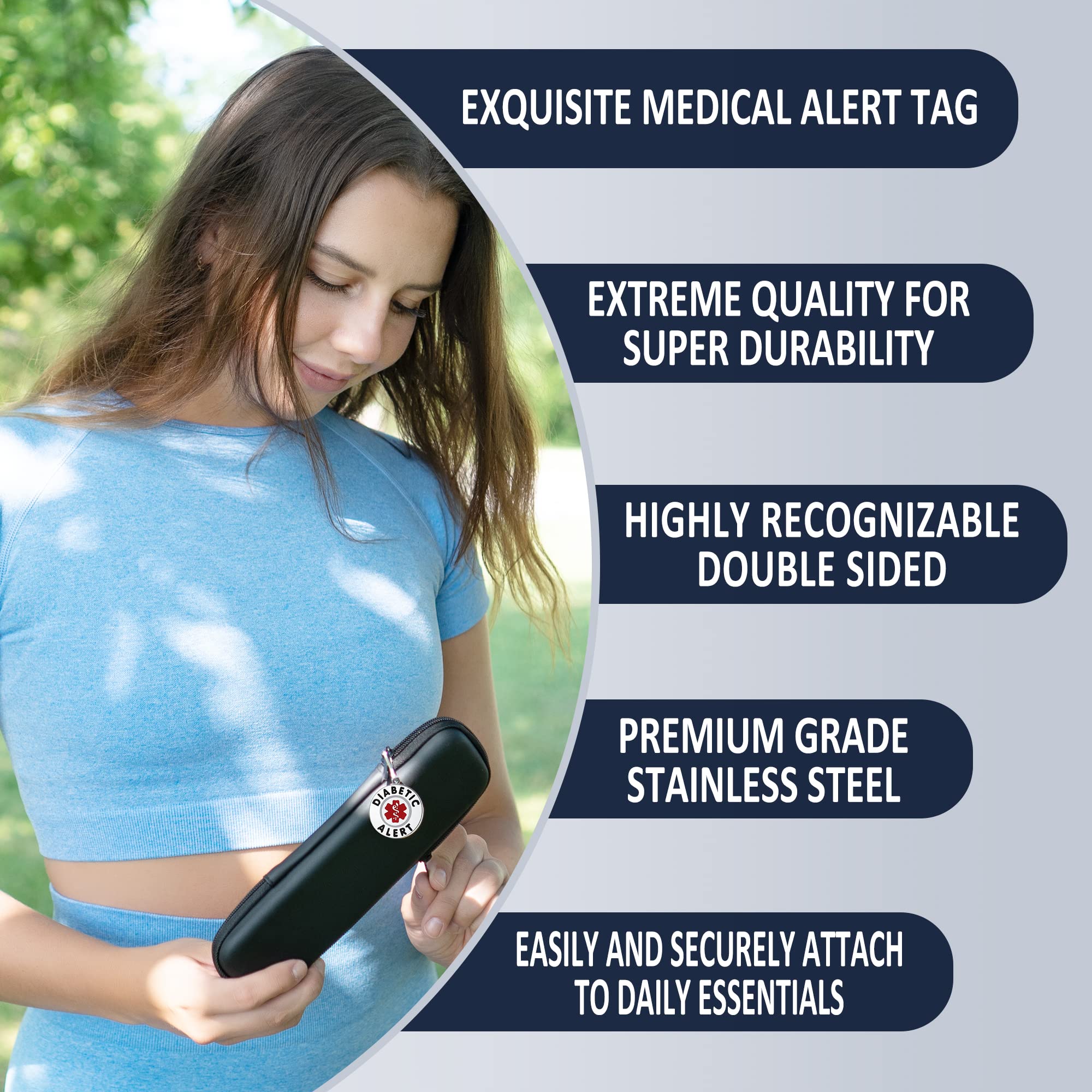 Divoti Diabetic Alert Bag Tag 1.25 - with Quick Clip | Pre-Engraved Stainless Steel Dual-Sided | Bold Lettering