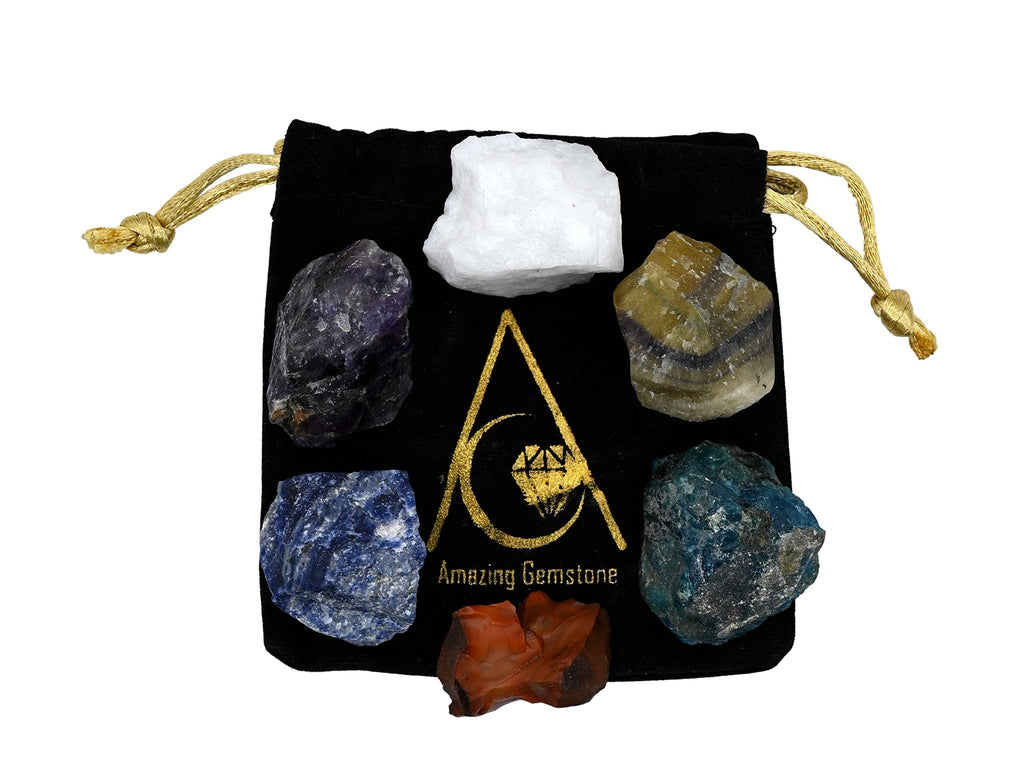 Crystals for Studying Students Success Manifestation, Set of 6 Amethyst, Sodalite, Carnelian, White Agate, Fluorite and Apatite