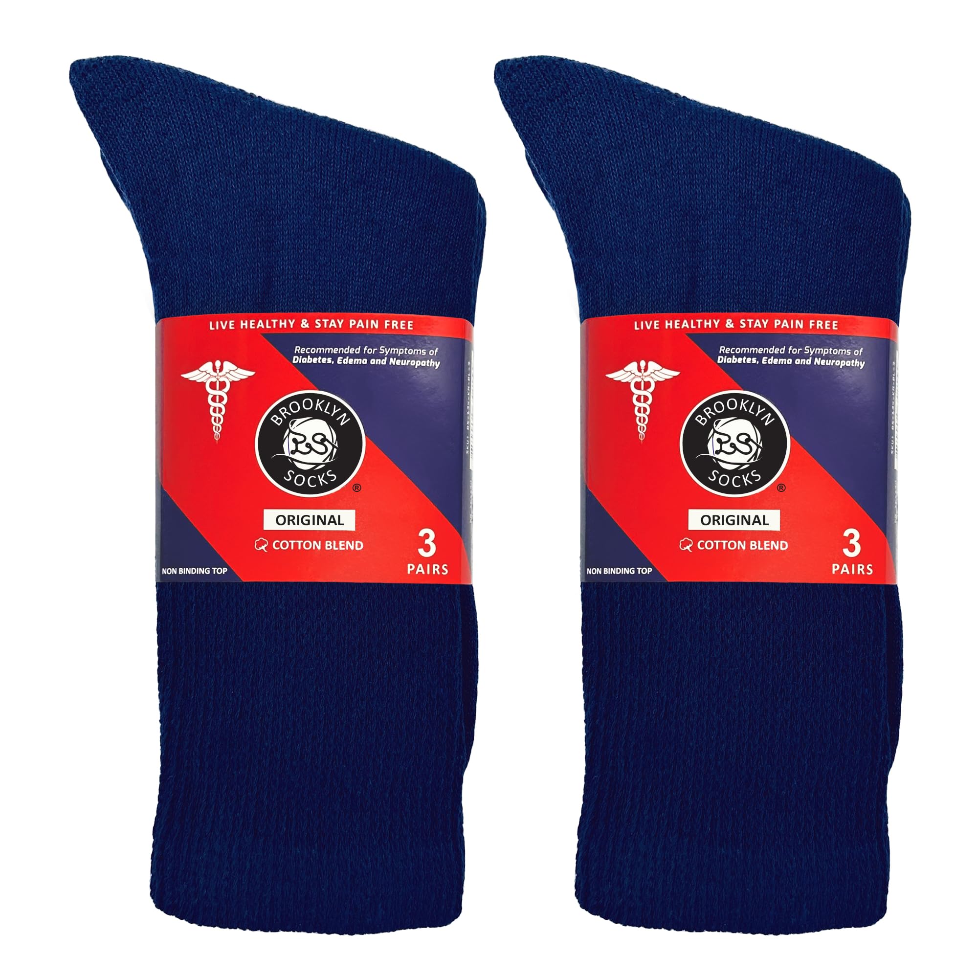 6 Pairs of Cotton Diabetic Non-Binding Neuropathy Crew Socks (Navy, Fits Mens Shoe Size 8-10/Womens shoe size 9-11)