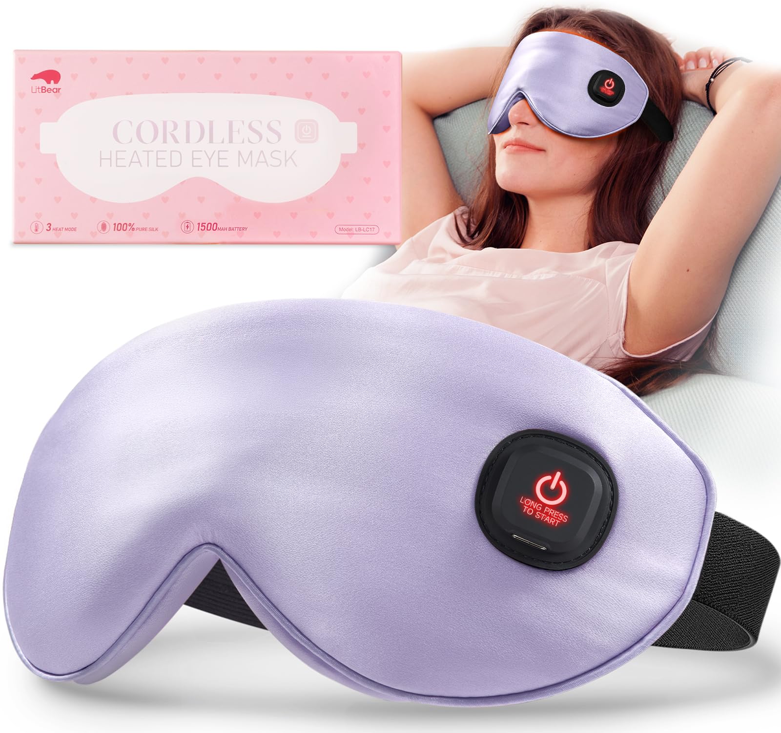 LitBear Heated Eye Mask, Silk Cordless Warm Eye Compress for Dry Eyes, Light Blocking Heat Eye Mask for Women Men, Soft Eye Heat