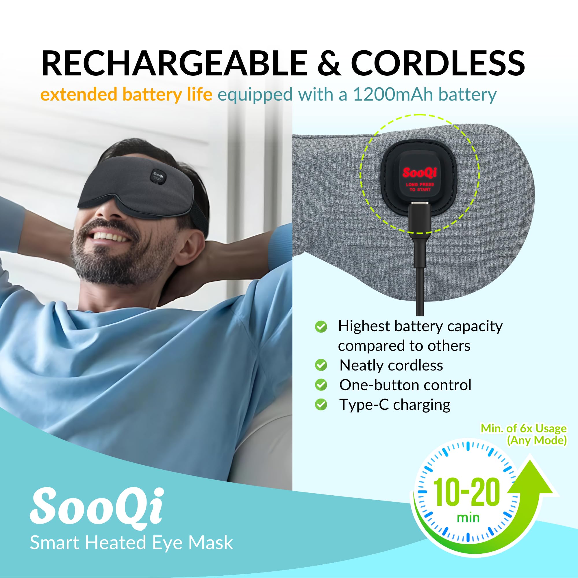 SooQi Rechargeable Cordless Heated Eye Mask - Weighted Compress with Graphene Heating for Dry Eyes, Fatigue, Sleep, and Travel