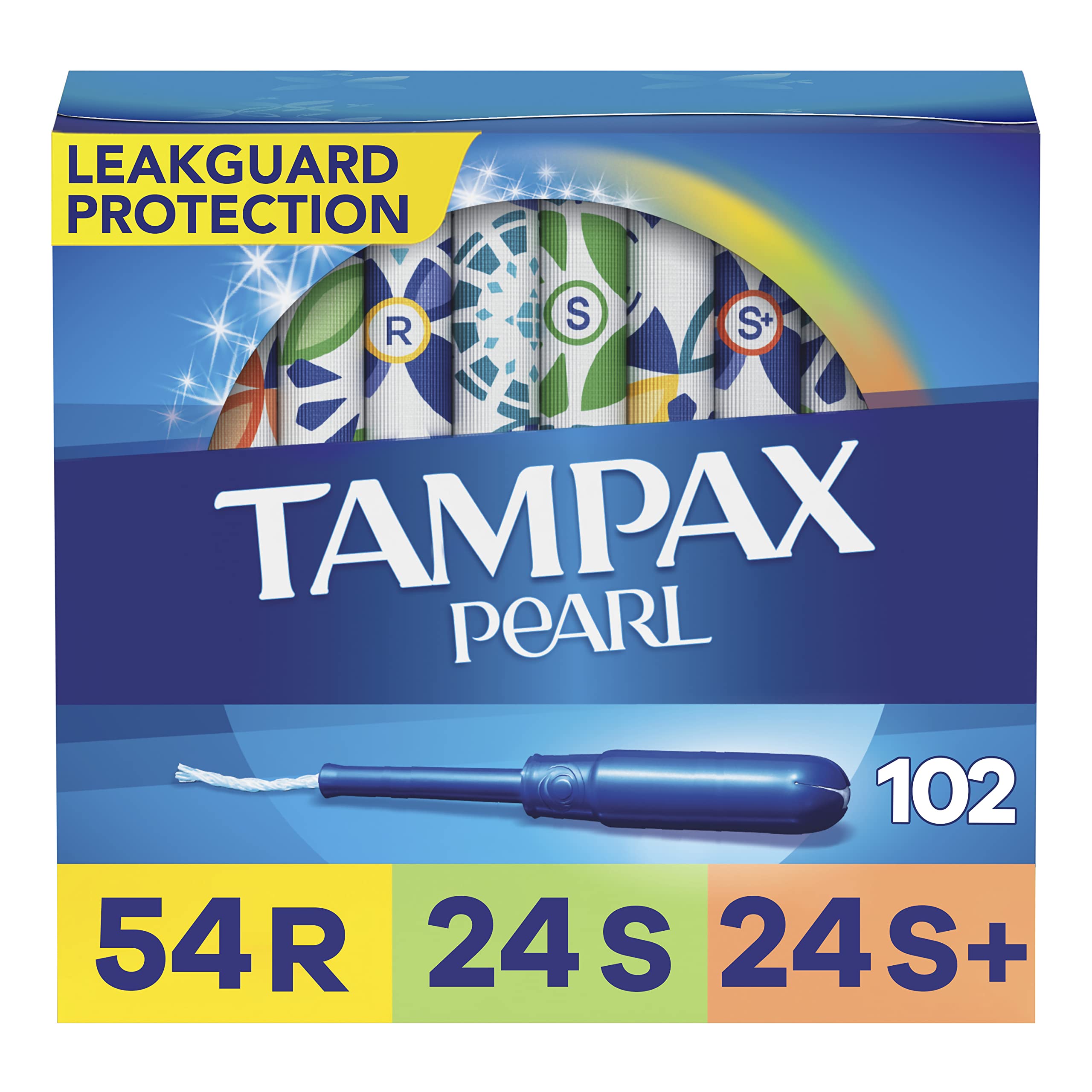 Tampax Pearl Tampons Multipack, Regular/Super/Super Plus Absorbency, With Leakguard Braid, Unscented, 34 Count X 3 Packs (102 Co