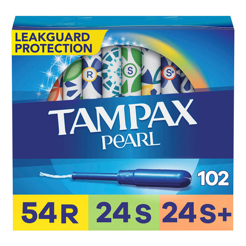 Tampax Pearl Tampons Multipack, Regular/Super/Super Plus Absorbency, With Leakguard Braid, Unscented, 34 Count X 3 Packs (102 Co