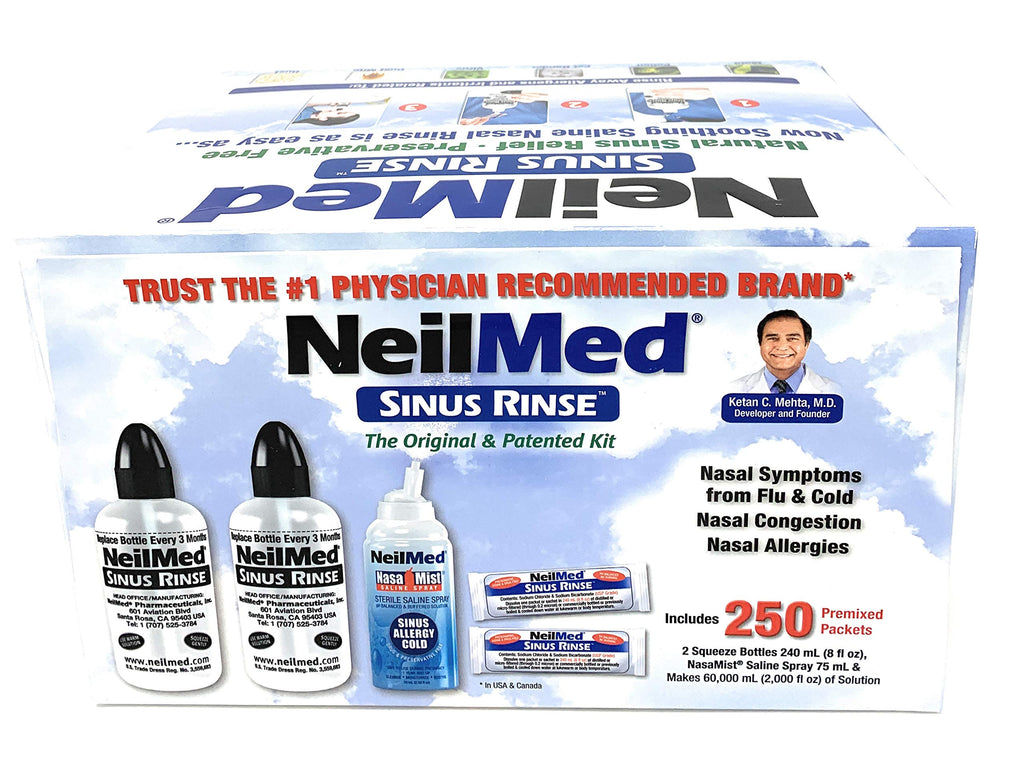 NeilMed Sinus Rinse - 2 squeeze Bottles 240mL (8fl oz) & Nasamist Saline Spray 75mL - 250 Premixed Packets - BONUS Nasa Mist Sal