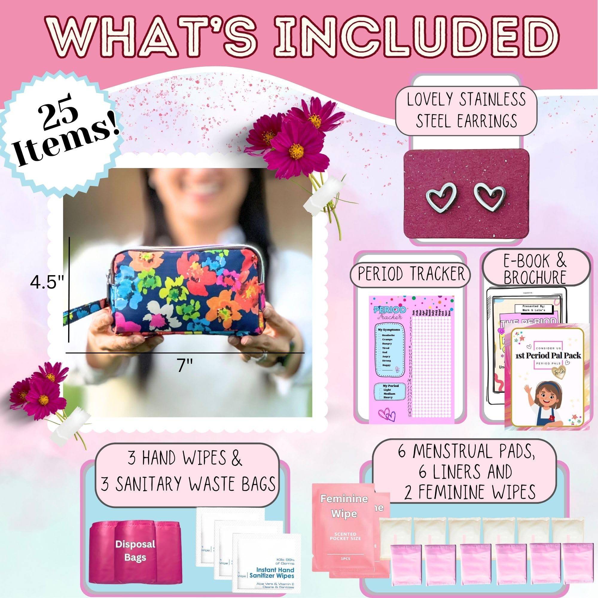 First Period Pal Pack to-Go Kit | 26 pcs | First Period Kit for Tweens | Teen Period Kit| Discrete Period Bag, Pads, Panty Liner
