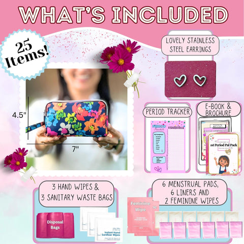 First Period Pal Pack to-Go Kit | 26 pcs | First Period Kit for Tweens | Teen Period Kit| Discrete Period Bag, Pads, Panty Liner