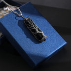 VIBILIA Healing Crystal Necklace Tree of Life Wire Wrapped Natural Black Agate Stone Point Pendant Necklace Hexagonal Reiki Spir