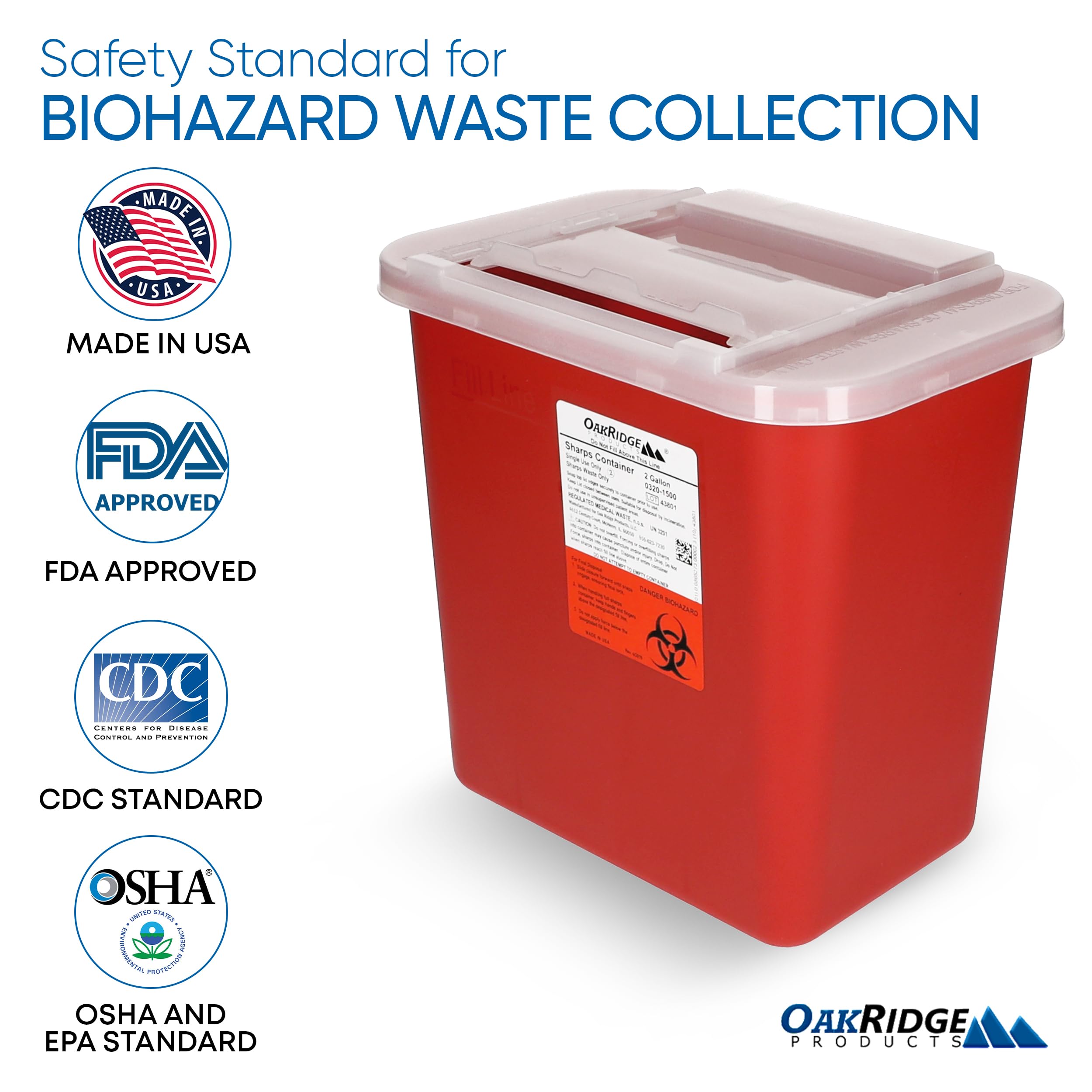 Oakridge Products Large Sharps Container for Home Use and Professional 2 Gallon (3-Pack) with Sliding Top, Biohazard Needle and