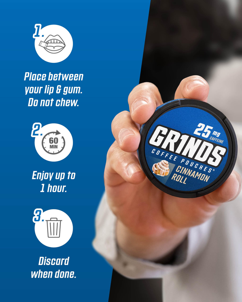 Grinds Coffee Pouches | Tobacco Free, Nicotine Free Healthy Alternative | 10 Cans of Cinnamon Roll | 18 Pouches Per Can | 1 Pouc