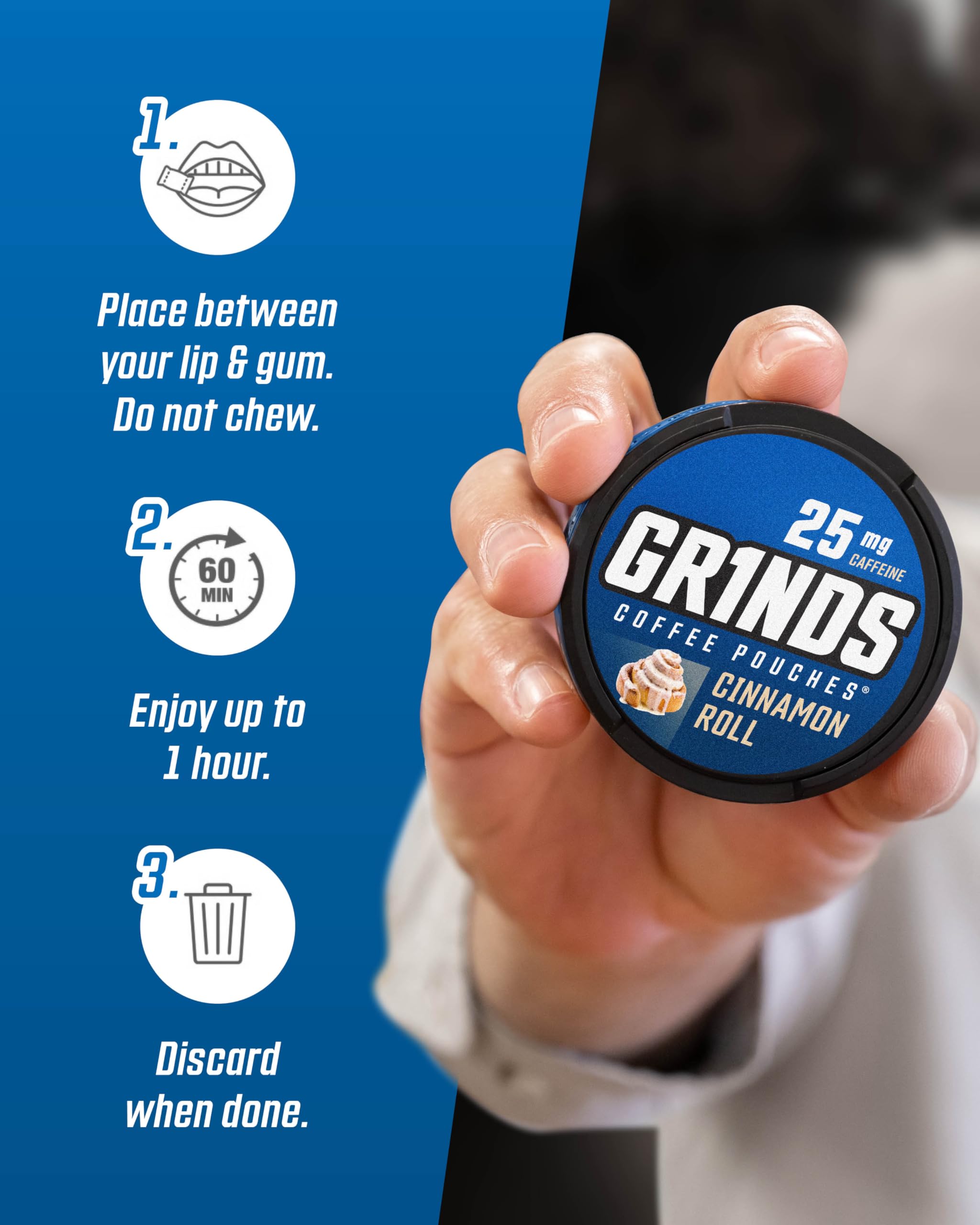 Grinds Coffee Pouches | Tobacco Free, Nicotine Free Healthy Alternative | 10 Cans of Cinnamon Roll | 18 Pouches Per Can | 1 Pouc