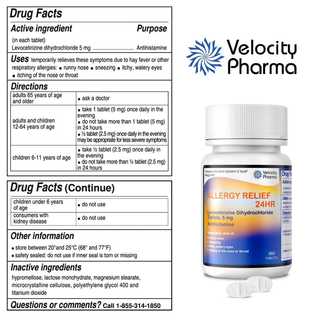 Velocity Pharma Levocetirizine Dihydrochloride 5mg USP Tablets, 24 Hour Allergy Relief Non-Drowsy Antihistamine, 180 Count