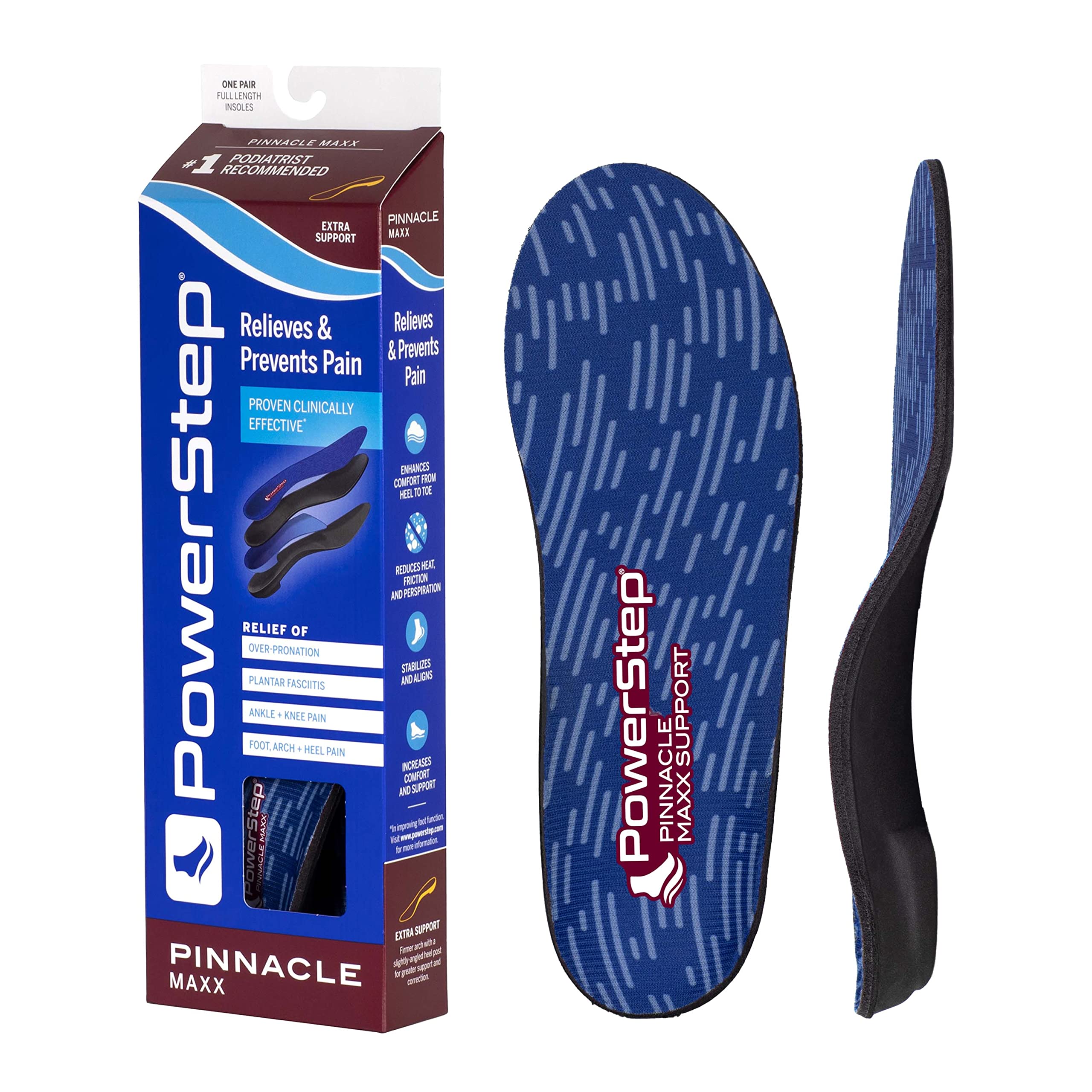 PowerStep Pinnacle Maxx Orthotic Insoles - Orthotics for Overpronation with Maximum Stability & Comfort - Firm + Flexible Angled
