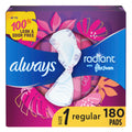 Always Radiant Feminine Pads For Women, Size 1 Regular Absorbency, With Flexfoam, With Wings, Light Clean Scent, 30 Count x 6 Pa