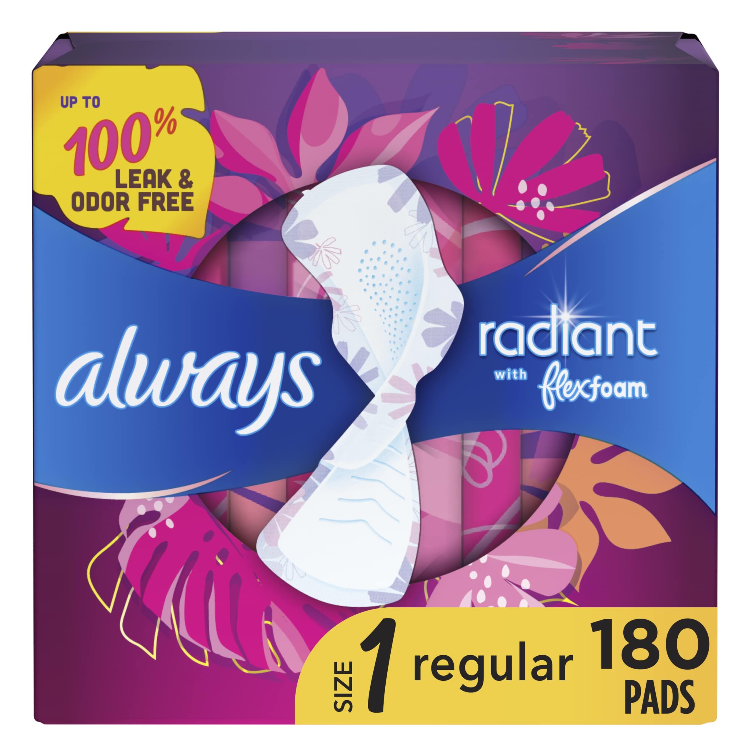 Always Radiant Feminine Pads For Women, Size 1 Regular Absorbency, With Flexfoam, With Wings, Light Clean Scent, 30 Count x 6 Pa