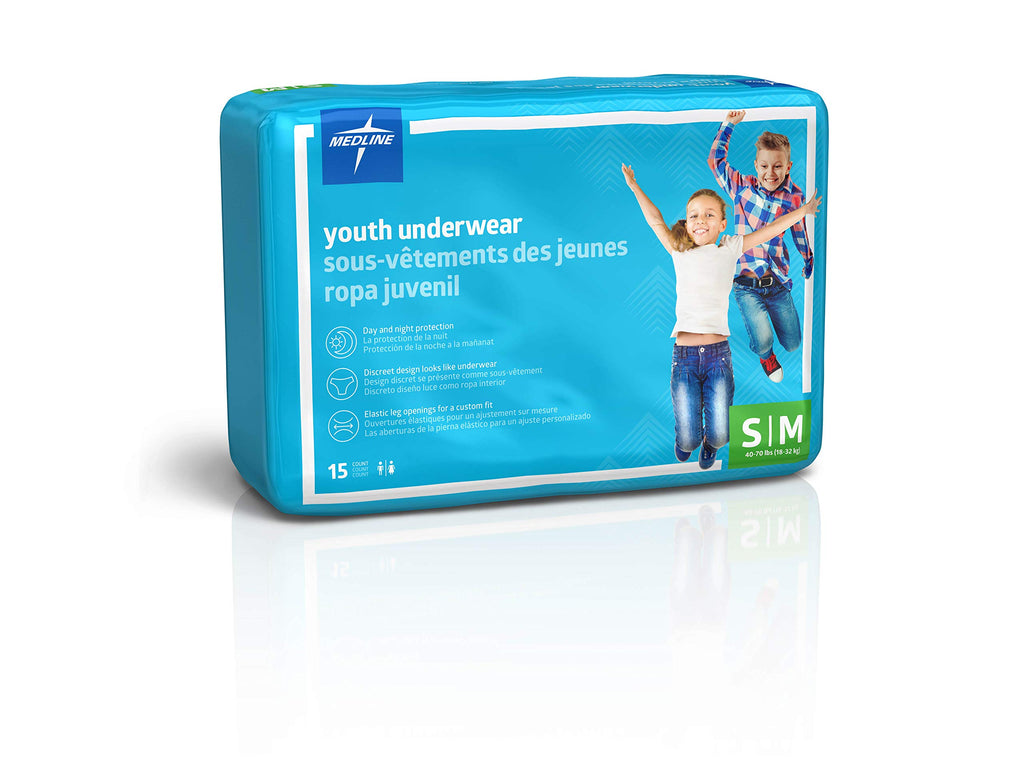 Medline Youth Disposable Protective Underwear, S/M Size for 40-70 lbs, Leakproof & Absorbent, Comfortable with Odor Control, Eas