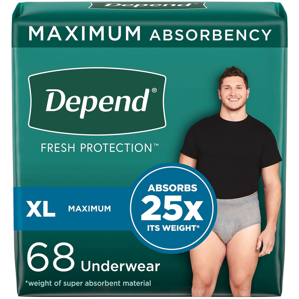 Depend Fresh Protection Adult Incontinence Underwear for Men, Disposable, Maximum, Extra-Large, Grey, 68 Count (2 Packs of 34), 