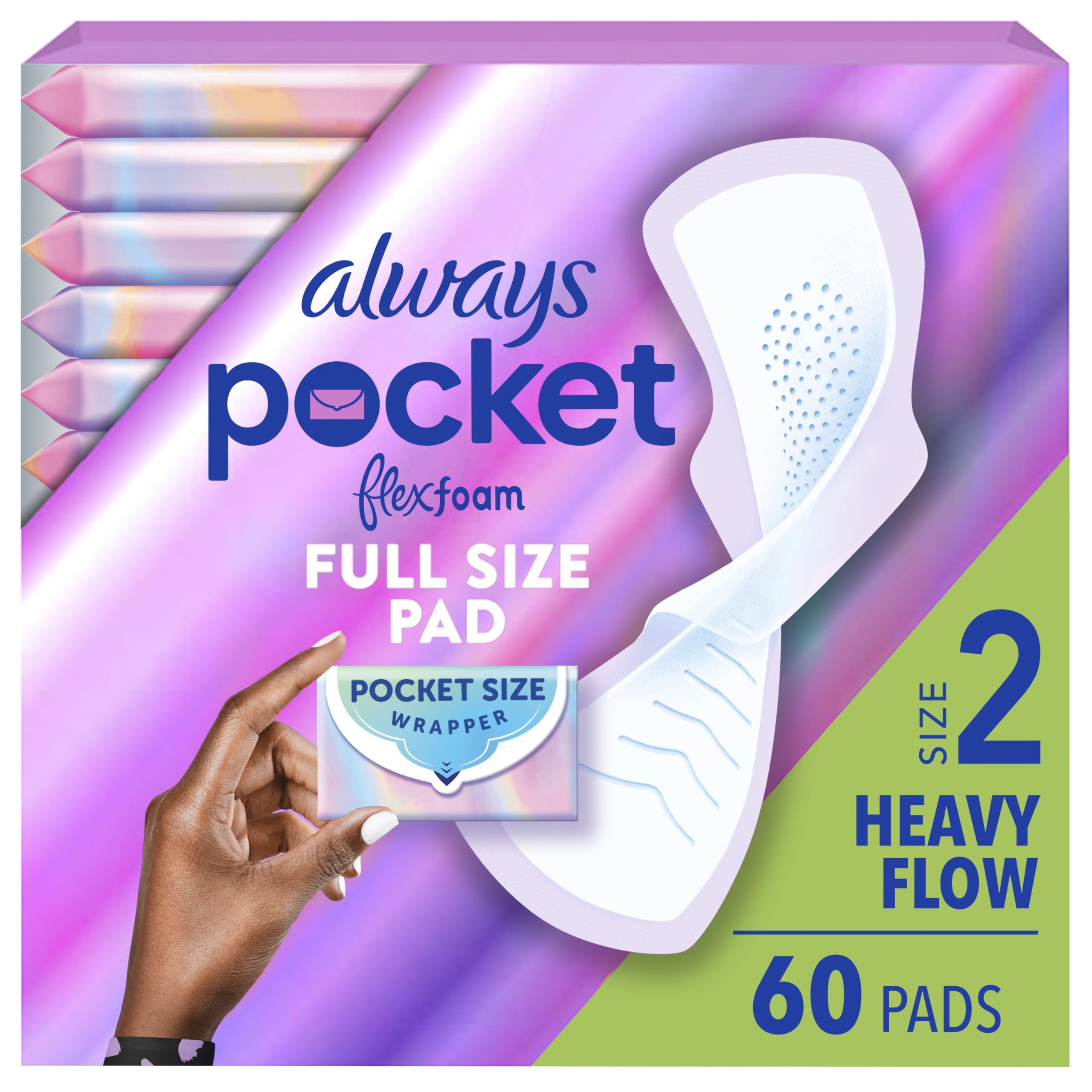 Always Pocket Feminine Pads for Women with FlexFoam, Size 2, Heavy Flow, with Wings, Unscented, 60 Count