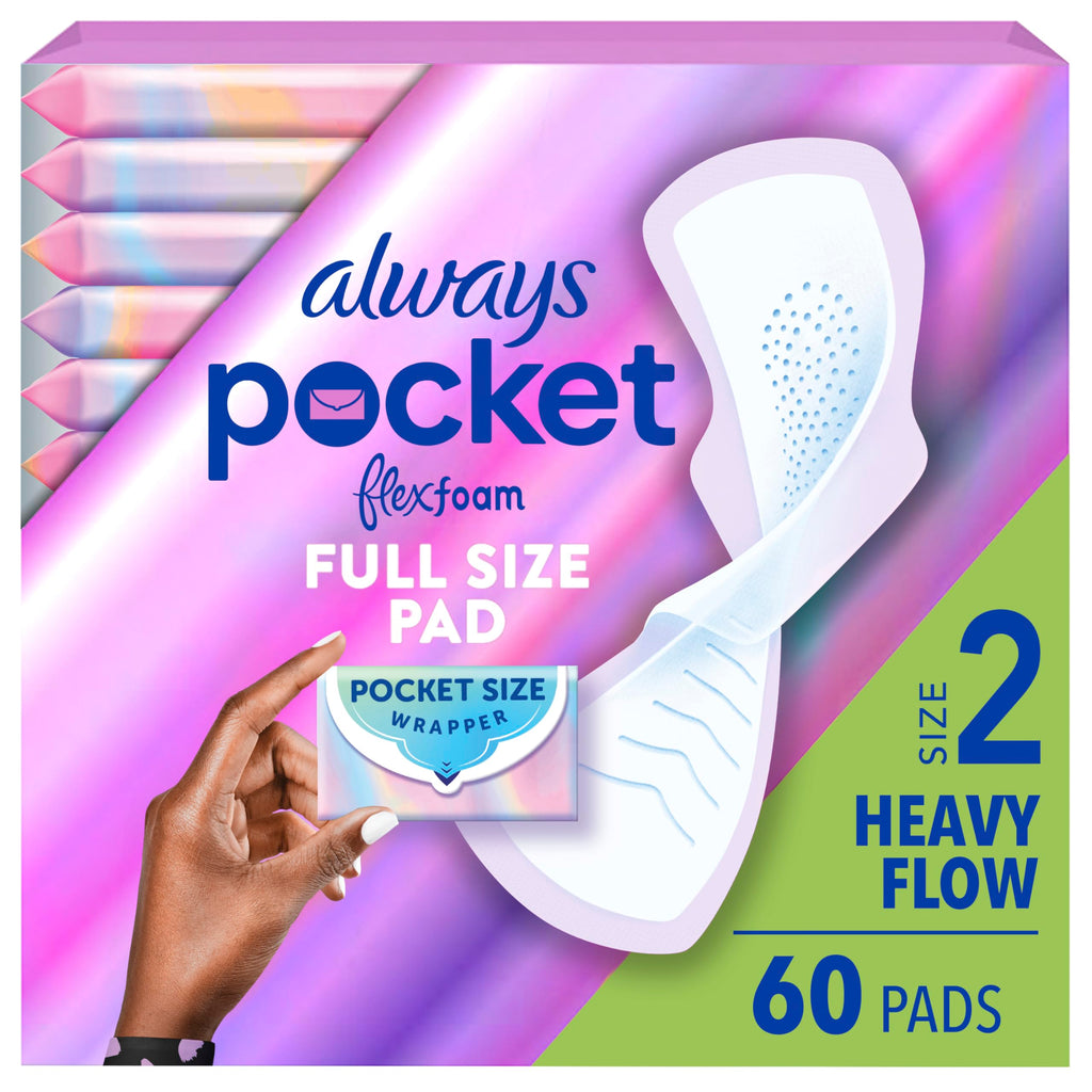 Always Pocket Feminine Pads for Women with FlexFoam, Size 2, Heavy Flow, with Wings, Unscented, 60 Count