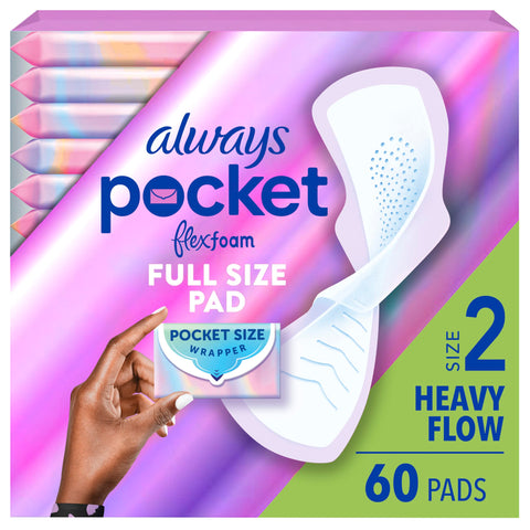 Always Pocket Feminine Pads for Women with FlexFoam, Size 2, Heavy Flow, with Wings, Unscented, 60 Count