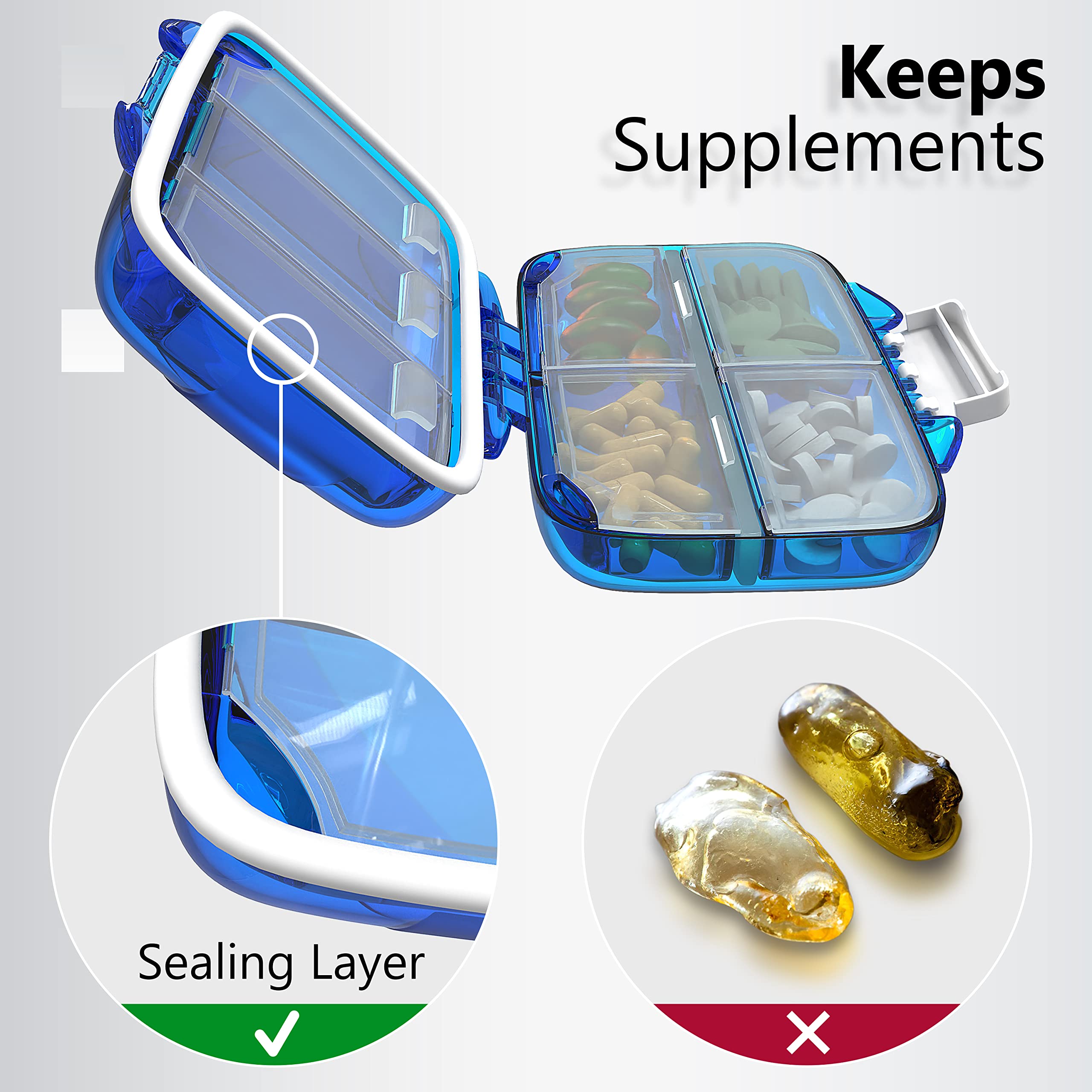 Travel Pill Organizer - Moisture Proof Portable Vitamin Holder with 7 Compartments, Compact Supplement Case for Purse Essential