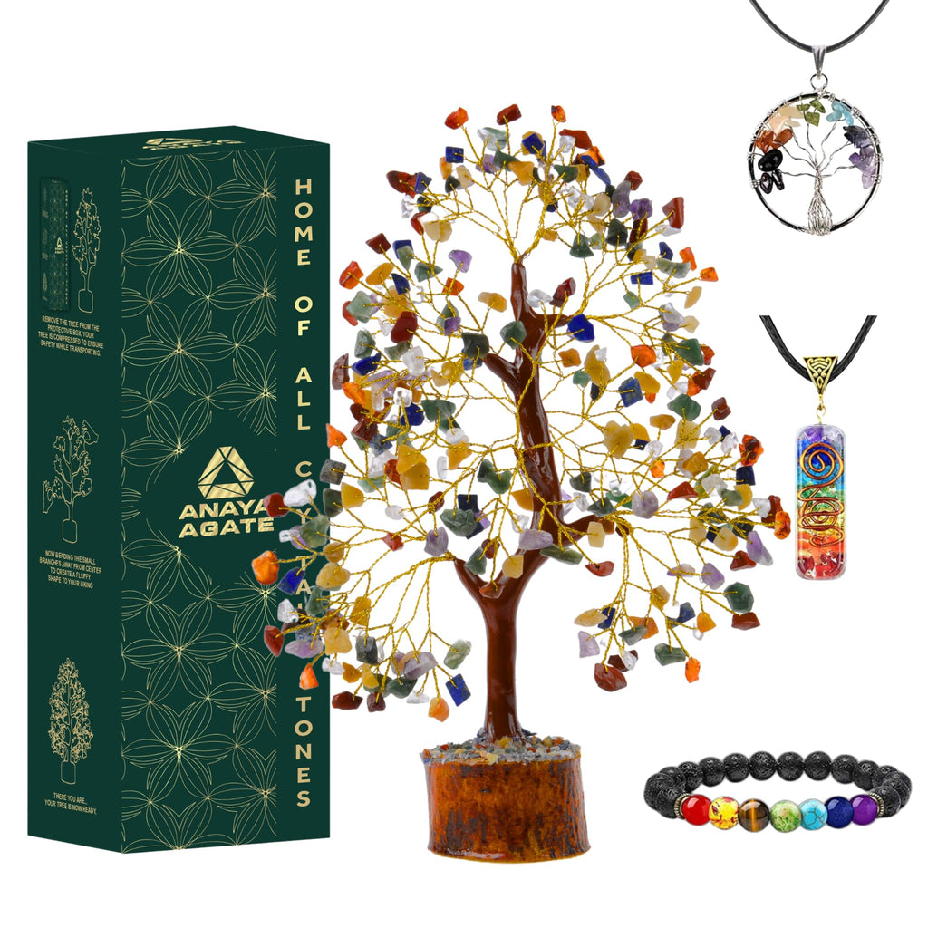 7 Chakra Healing Crystal Tree of Life, Handmade Golden Wire Crystal Tree for Good Luck, Positive Energy, Wealth, Reiki Healing, 