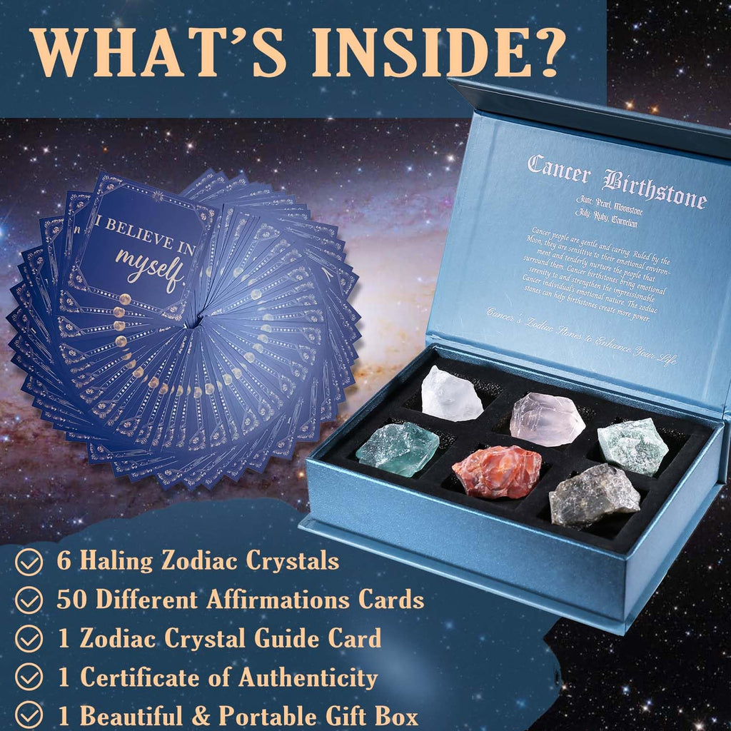 Faivykyd Cancer Zodiac Crystals Gifts Gifts for Women, 50 Daily Affirmation Cards & 6 Natural Healing Crystals, Healing Stones f