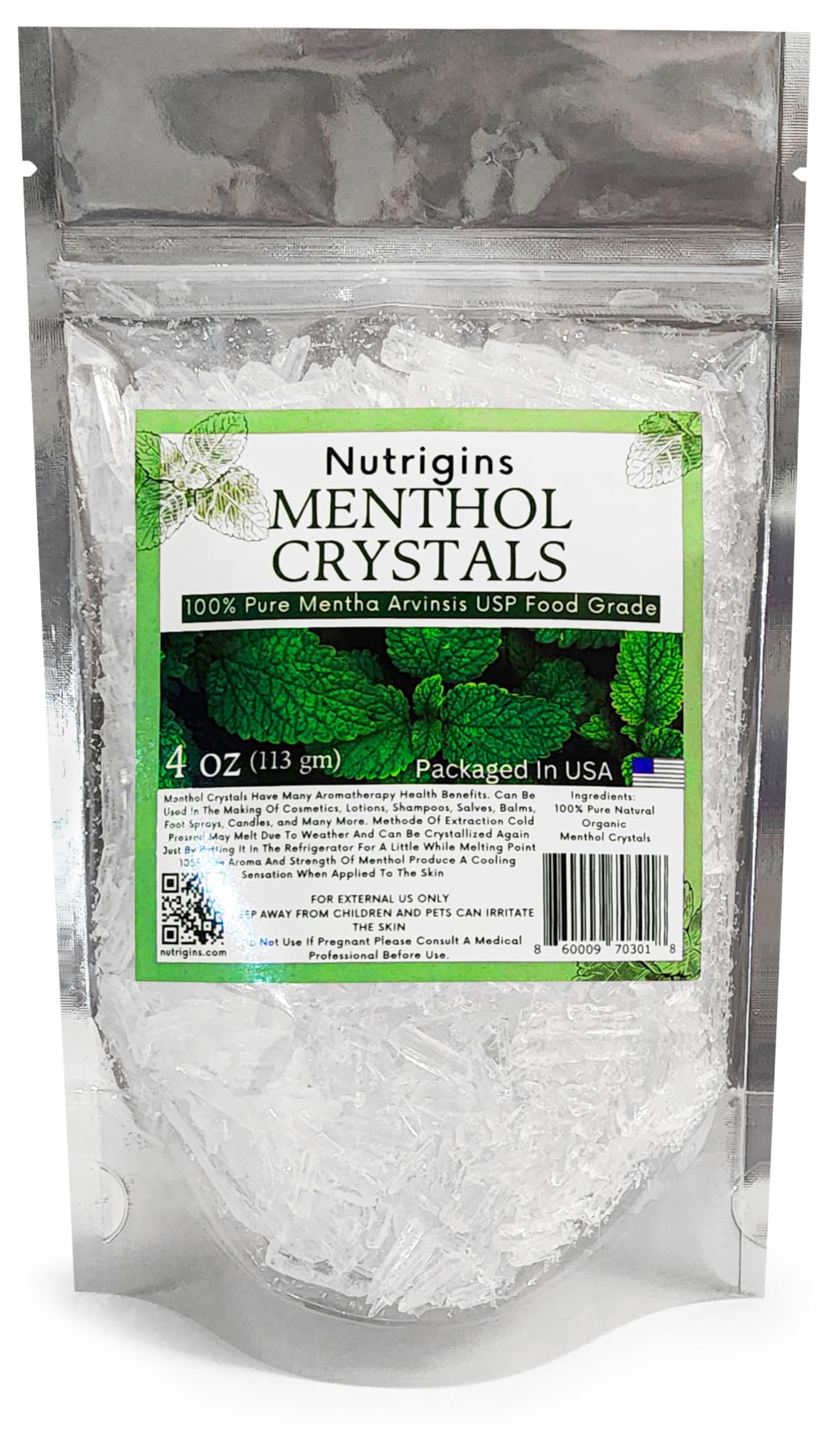 Menthol Crystals 100% Pure Organic Natural Spa Quality in 4OZ Resealable Bag