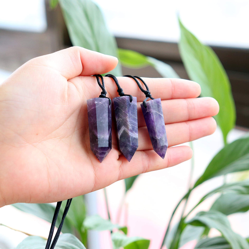 Runyangshi Dream Amethyst Pendants Single Pointed Natural Crystal Quartz Necklace 6 Faceted Chakra Crystal Wand For Men Women Ha