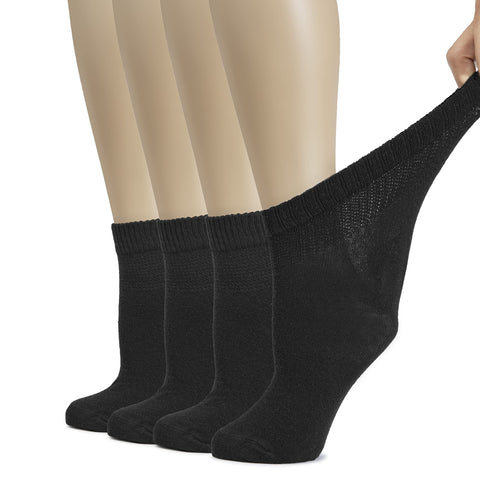 Hugh Ugoli Women's Cotton Diabetic Ankle Socks, Wide, Thin, Loose Fit and Stretchy, Seamless Toe & Non Binding Top, 4 Pairs, Bla
