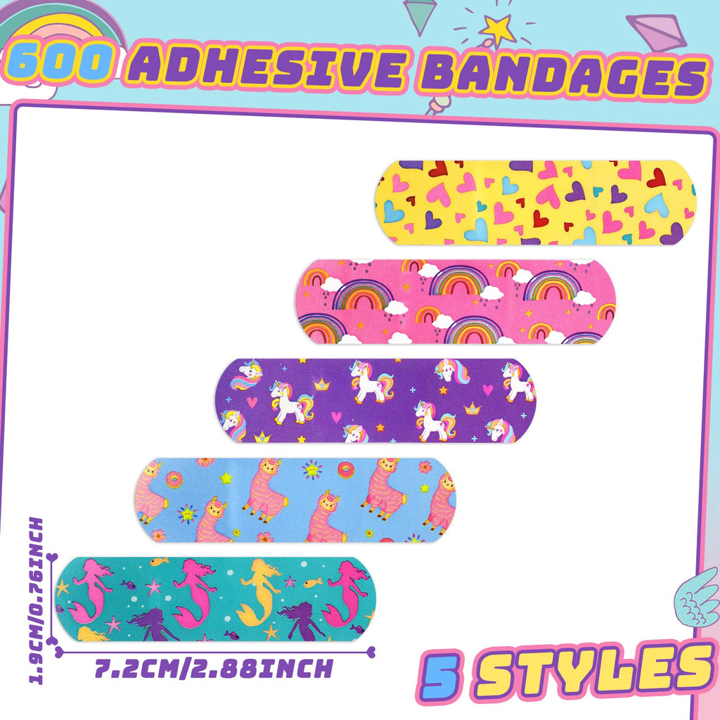Tondiamo 600 Pieces 5 Styles Cartoon Bandages for Kids Flexible Adhesive Colorful Strips Waterproof Cute Bandages for Girls Repa