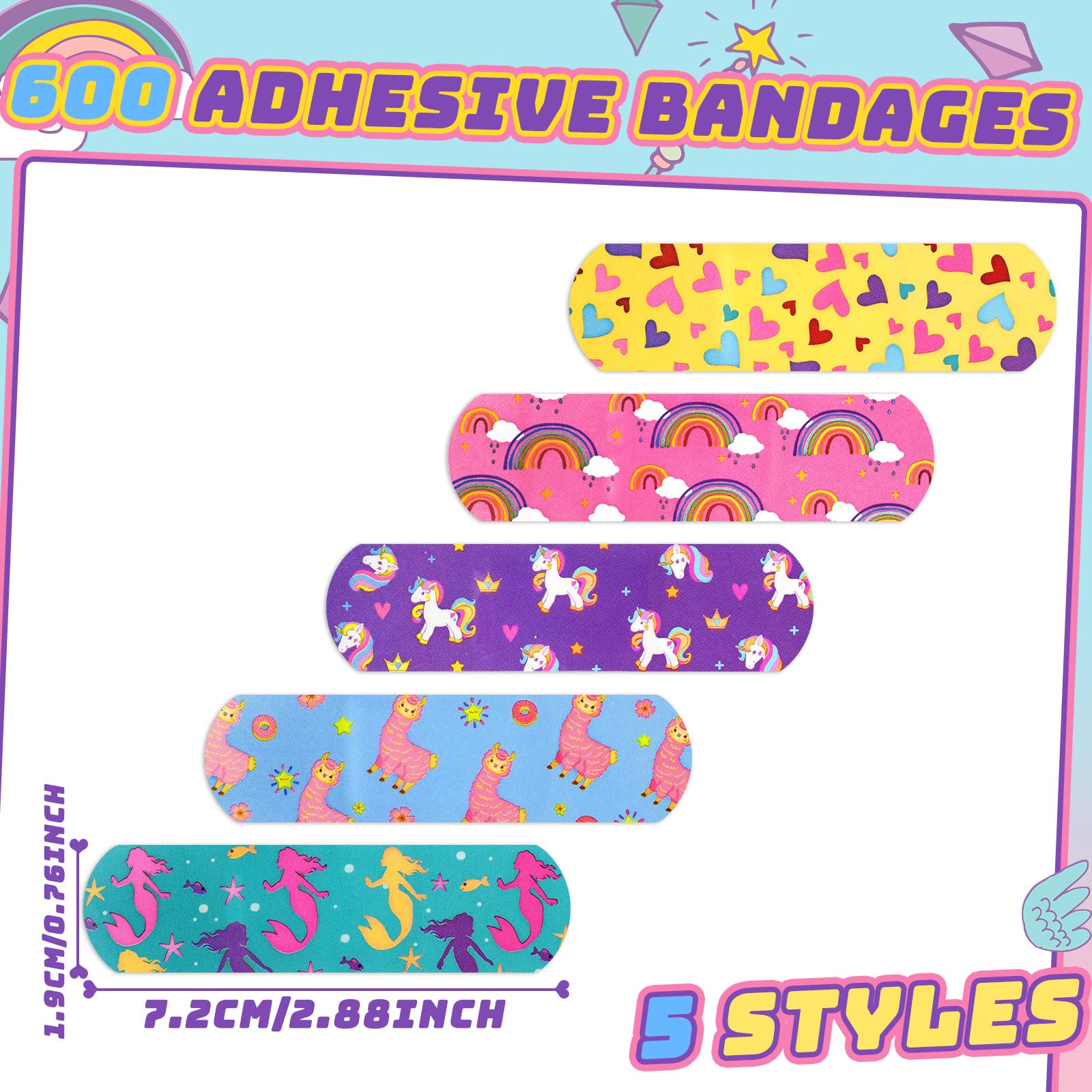 Tondiamo 600 Pieces 5 Styles Cartoon Bandages for Kids Flexible Adhesive Colorful Strips Waterproof Cute Bandages for Girls Repa