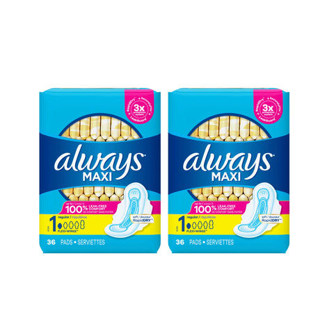 Always Maxi Size 1 Regular Pads for Women, with Wings, Unscented, 36ct - Pack of 2 (72 Count Total)