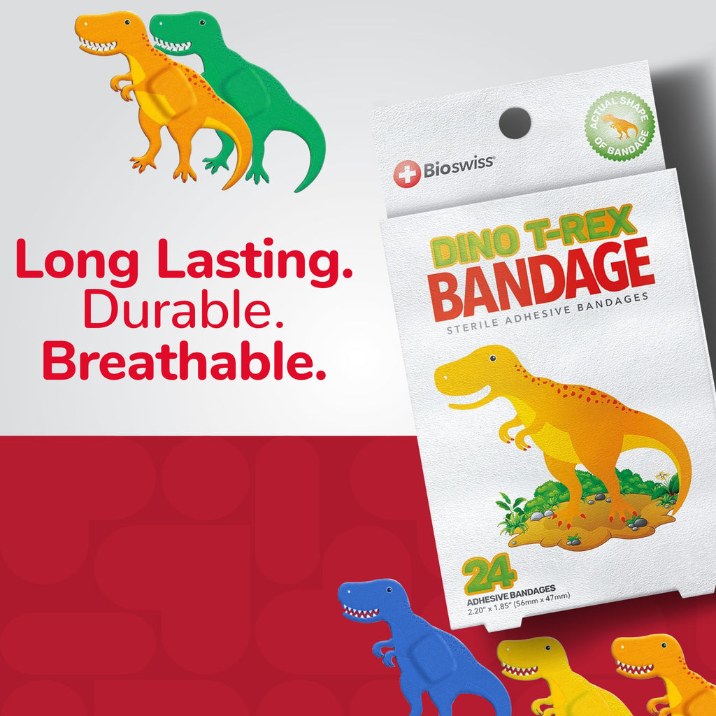BioSwiss Bandages, Dinosaur Shaped Self Adhesive Bandage, Latex Free Sterile Wound Care, 24 Count