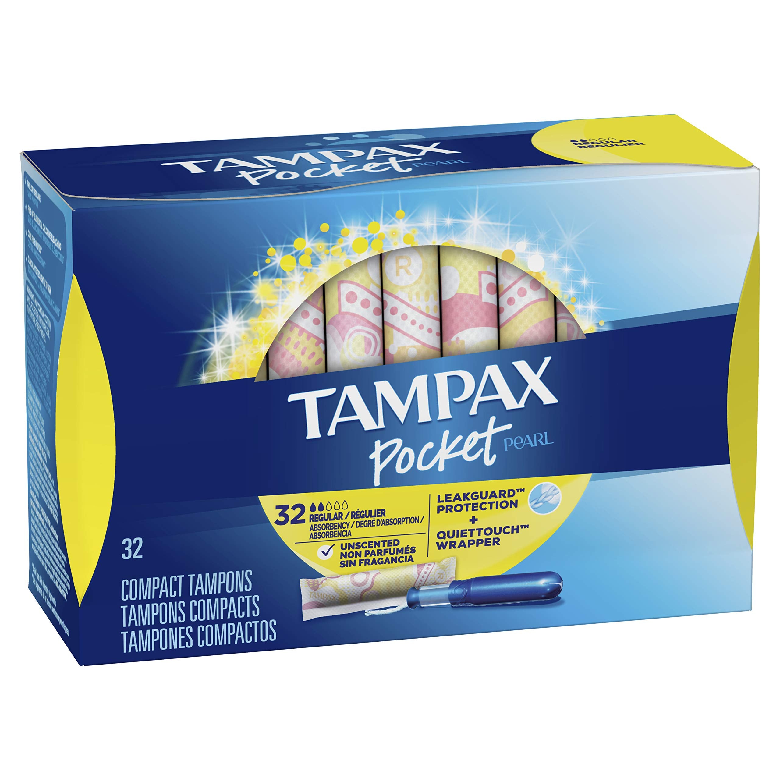 Tampax Pocket Pearl Tampons Regular Absorbency with LeakGuard Braid, Unscented, 32 Count