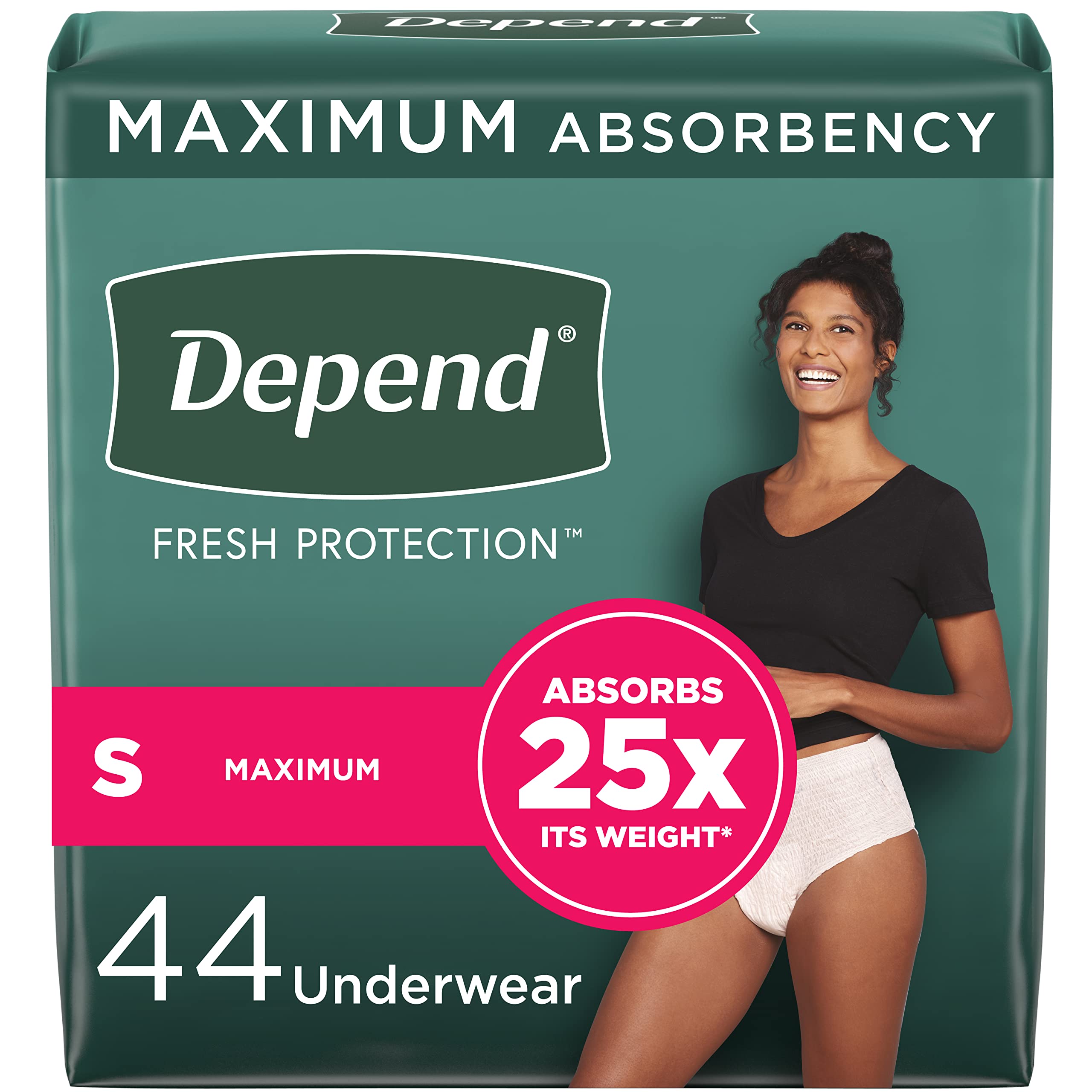 Depend FIT-Flex Incontinence Underwear for Women, Disposable, Maximum Absorbency, Small, Blush, Small 44 Count