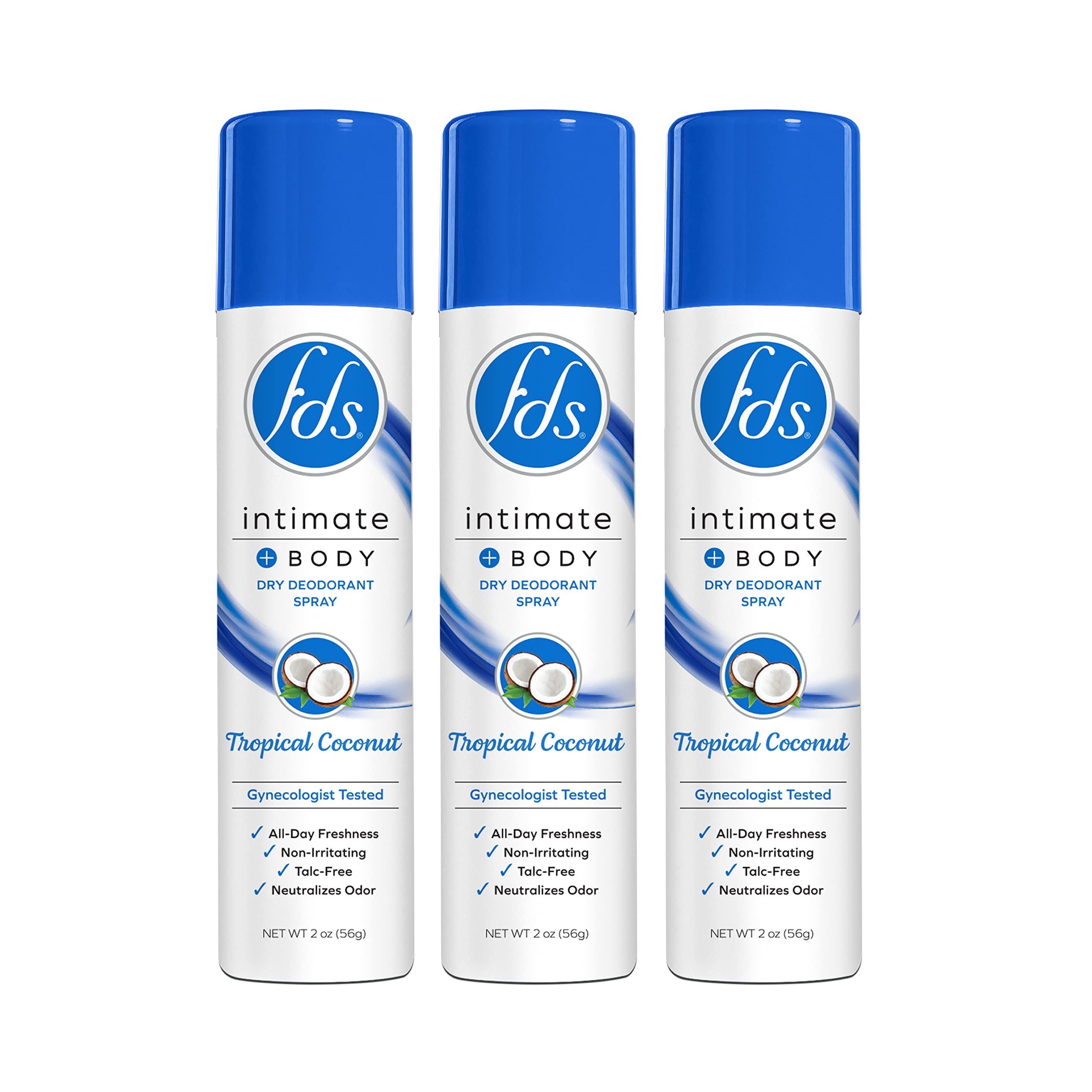 FDS Intimate Deodorant Spray, Tropical Coconut, 2 oz (Pack of 3), Feminine Spray for All Day Freshness & Odor Protection; pH-bal