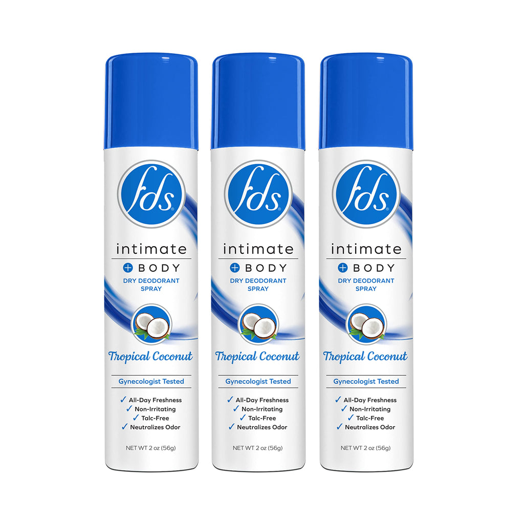 FDS Intimate Deodorant Spray, Tropical Coconut, 2 oz (Pack of 3), Feminine Spray for All Day Freshness & Odor Protection; pH-bal