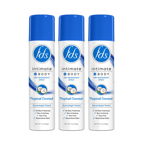 FDS Intimate Deodorant Spray, Tropical Coconut, 2 oz (Pack of 3), Feminine Spray for All Day Freshness & Odor Protection; pH-bal