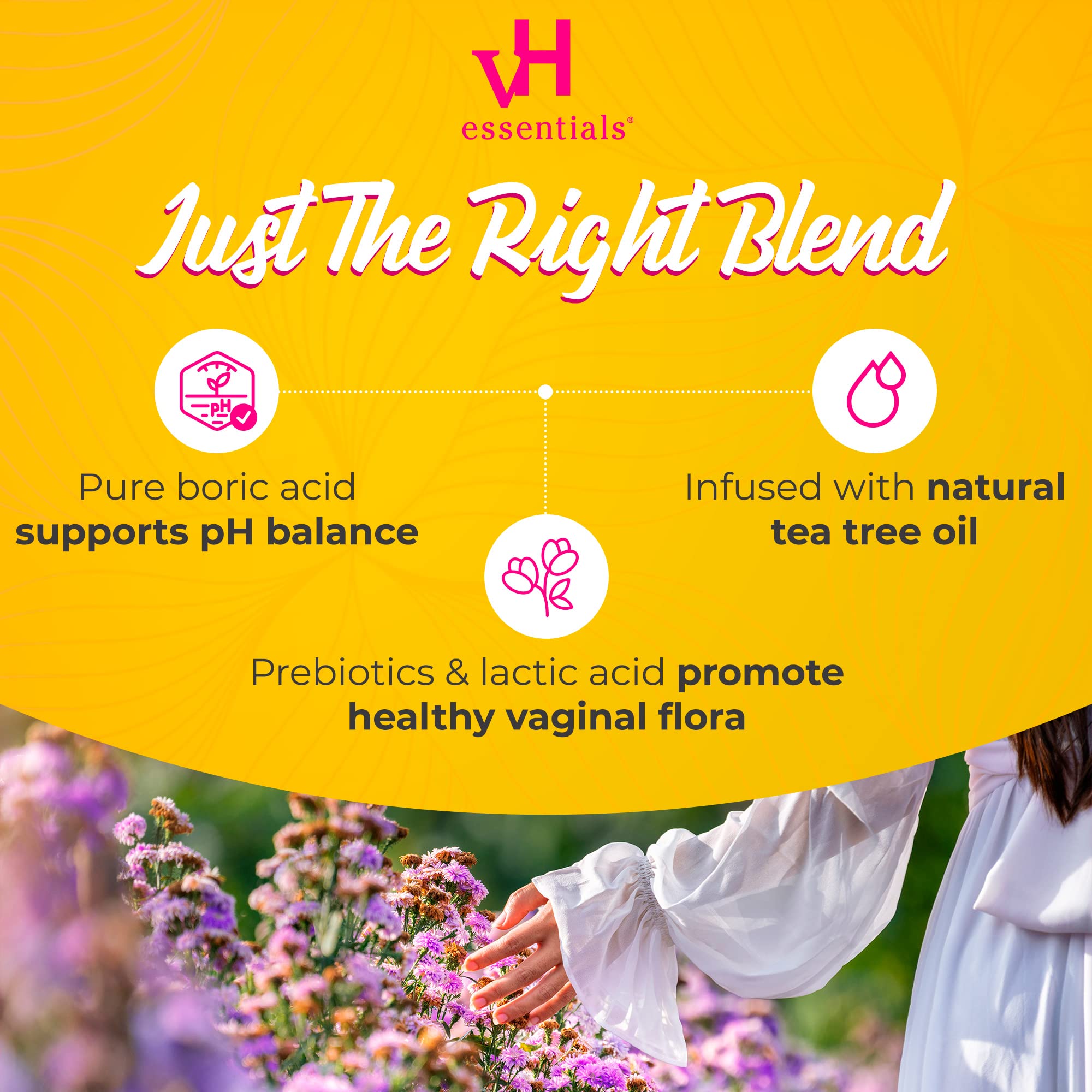 vH essentials Boric Acid and Tea Tree Vaginal Suppositories - Prebiotics Formula with Lactic Acid - PH Balance, Odor Control, Fe
