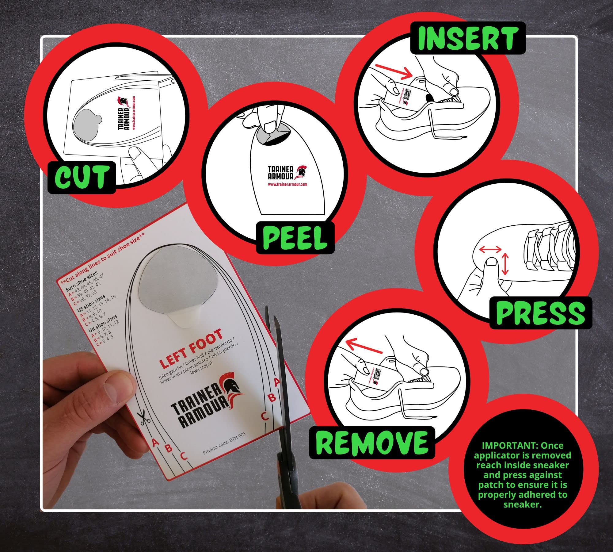 Trainer Armour - Big Toe Hole Preventer, self-Adhesive Patches with a Clever applicator. Shoe Toe Burst Toe Box Blowout Preventi